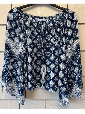 Anthropologie Le Pirate Top Dark Blue and White Off Shoulder Bell Sleeve Size S